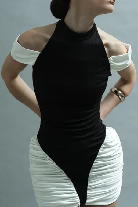 black-white Panel Sleeveless Gathered Halter mini Dress
