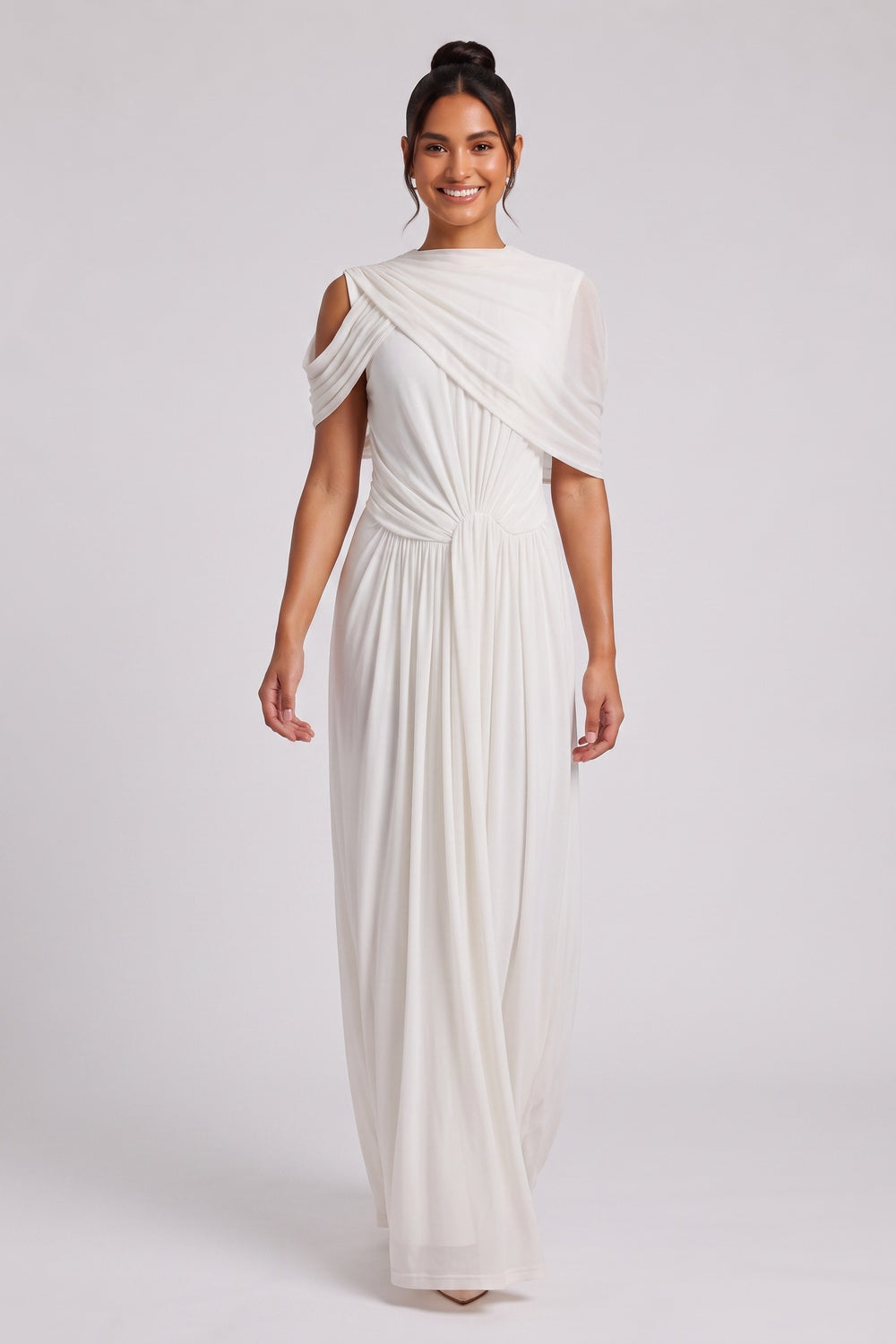 White Draped Maxi Dress with Cold Shoulder Detail Premium Fabric - product view 2