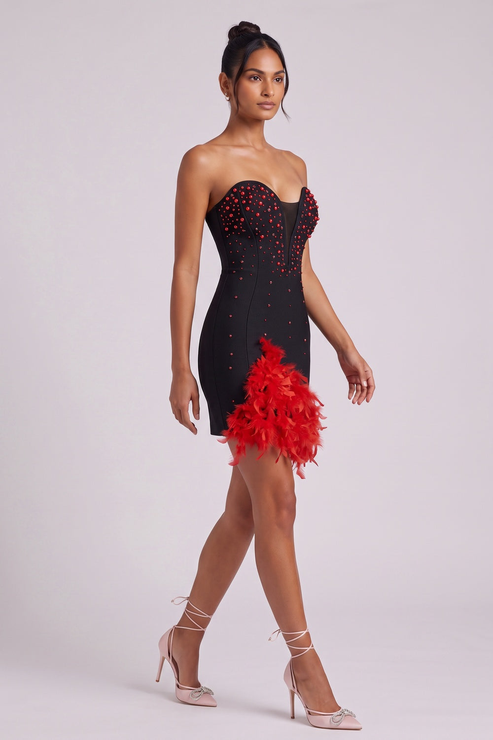 Black Heavy Stretch Knit Bodycon Mini Dress with Red Feather Trim black heavy stretch knit dress - product view 4