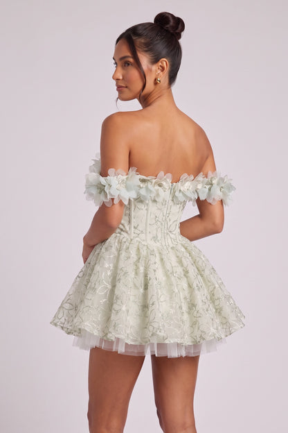 Pale Sage Green Organza Fit-and-Flare Mini Dress with Floral Embroidery pale sage green, cream organza dress - product view 3