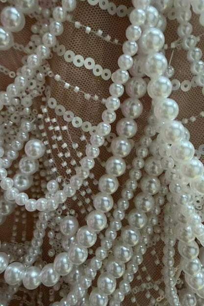 Off Shoulder Organza Pearl Beaded Mini Bodycon Dress