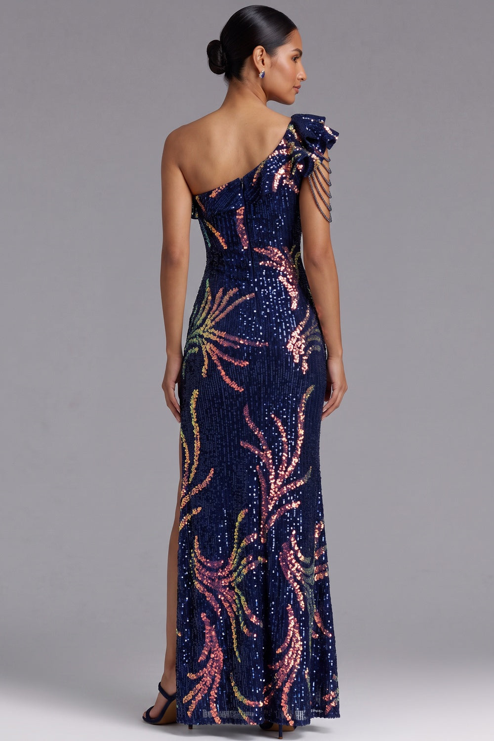Navy Blue One-Shoulder Sequin Maxi Gown Premium Fabric - product view 3
