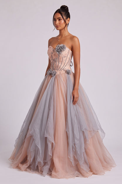 Peach Tulle Ballgown with Grey Floral Embellishments peach, dusty pink tulle ballgown - product view 2