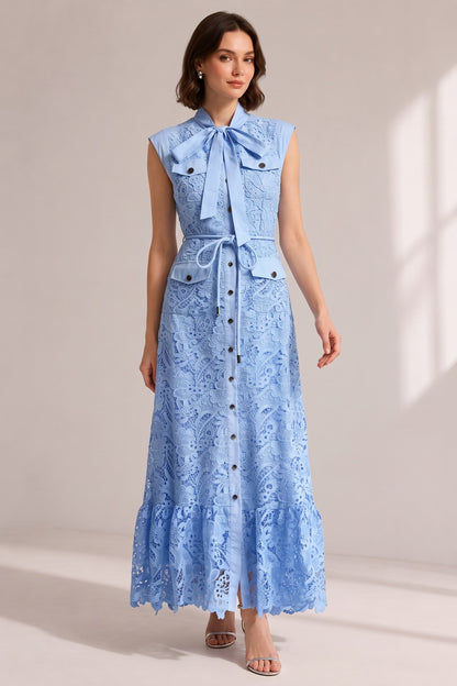 Sky Blue Sleeveless Tie Neck Cargo Pocket Floral Lace Midi Shirt Dress