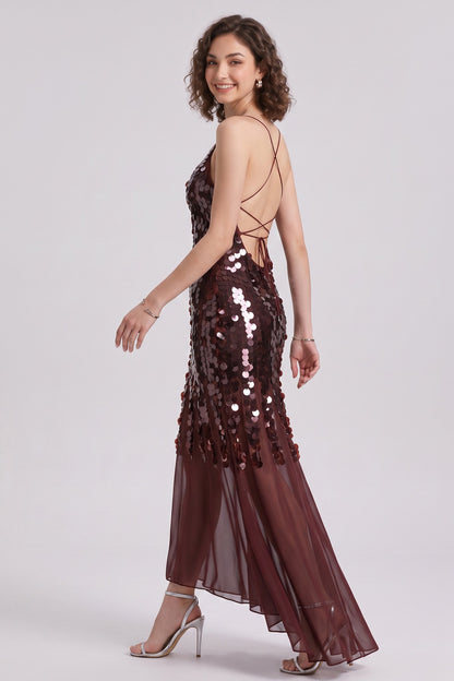 Burgundy Sequined Mesh Sheath with Flared Sheer Lower Skirt Evening Dress burgundy sequined mesh evening dress - product view 3