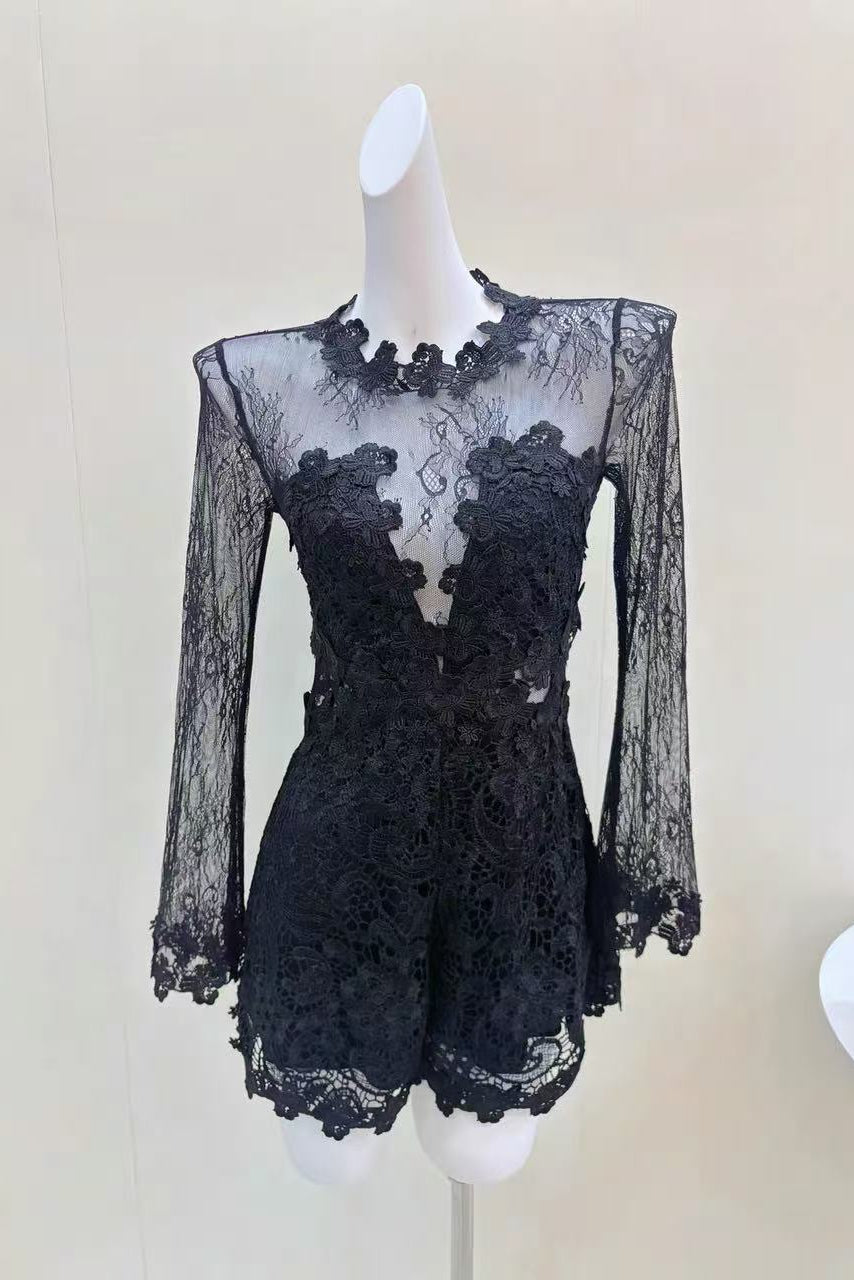 Sheer Lace Long Sleeve Skort Romper