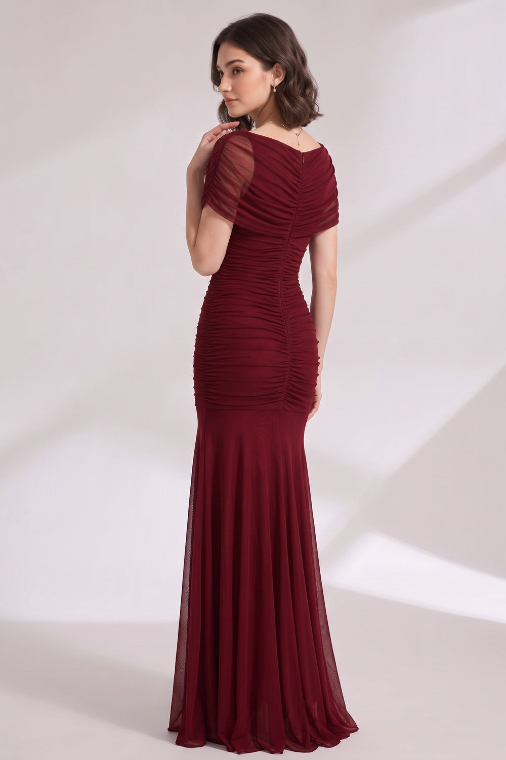 burgundy mesh mermaid evening gown burgundy mesh evening gown - product view 2
