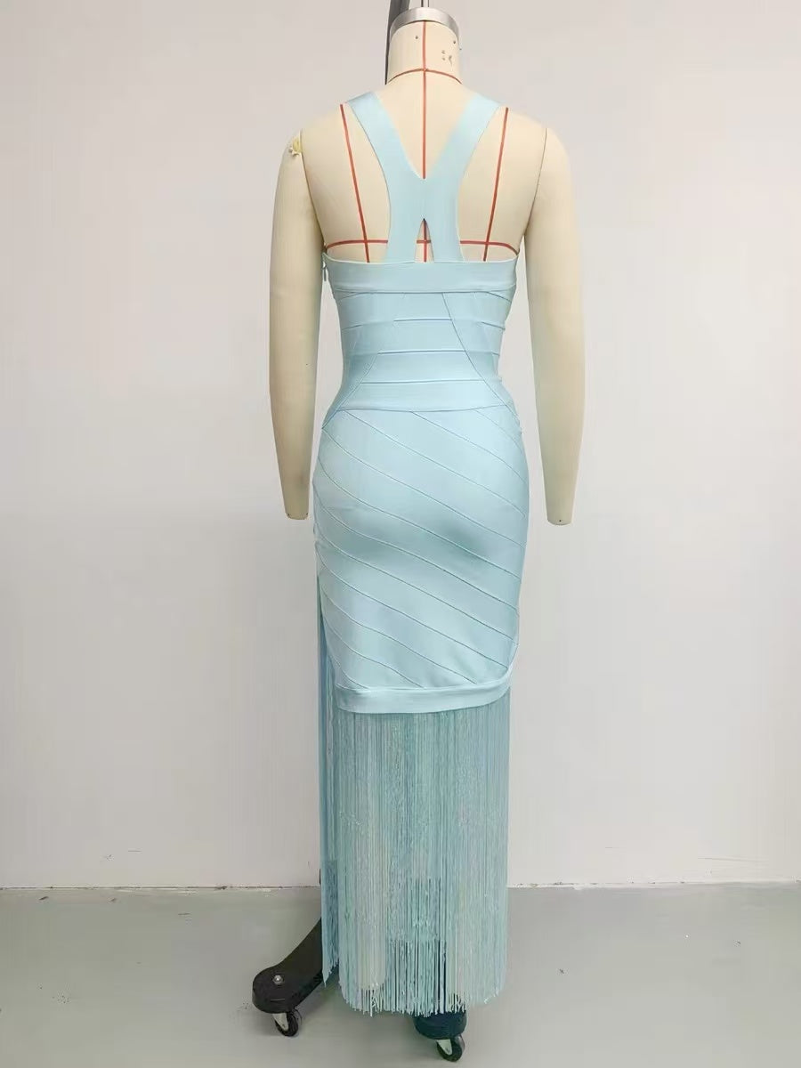 Light Blue Bandage Fringe Midi Dress