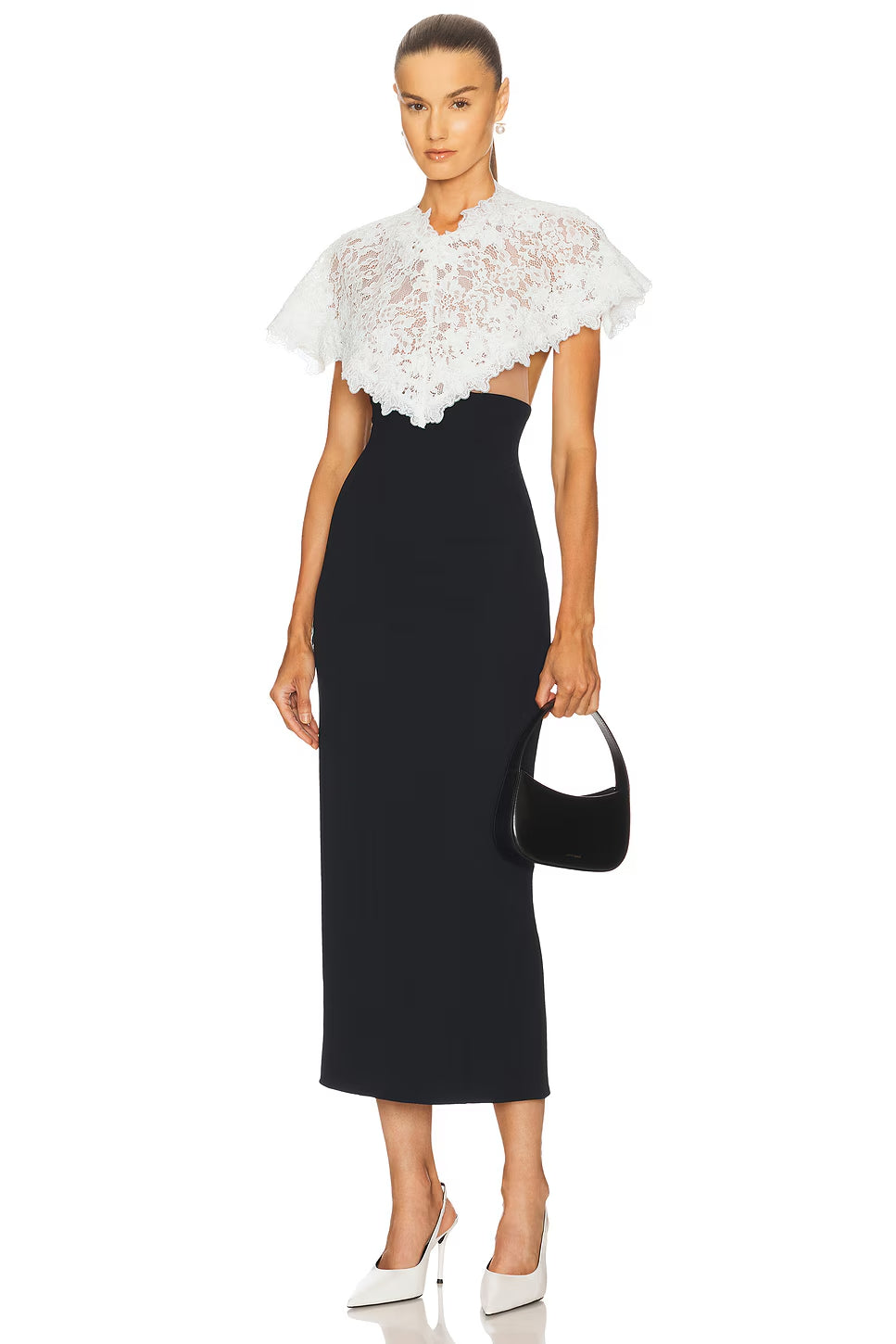 alice lace patchwork shawl bodycon midi dress in black
