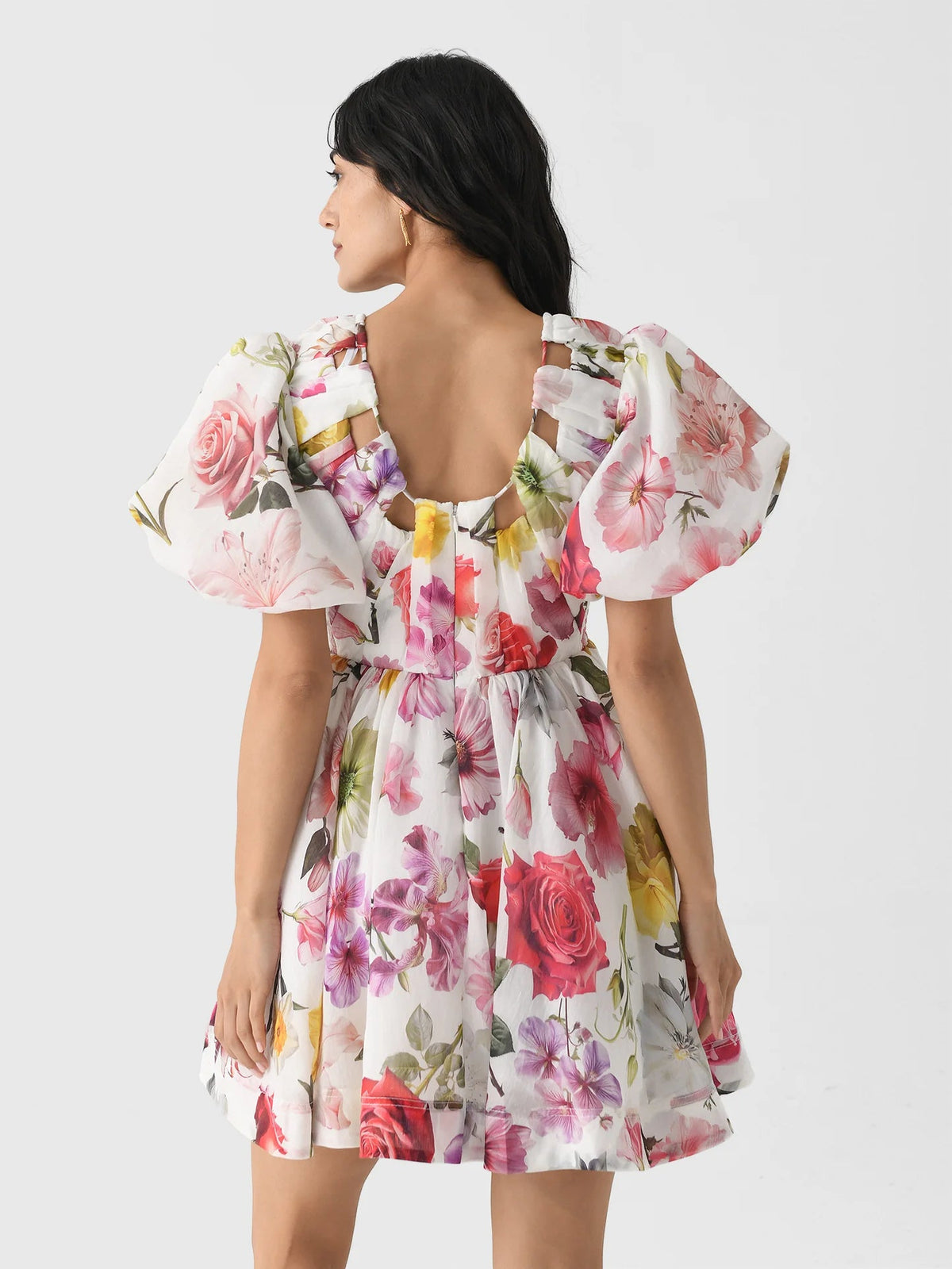 vanessa puff sleeve collage fleur mini dress
