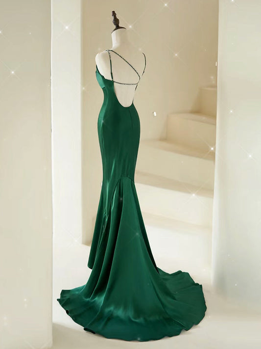 Mermaid V Neck Satin Green Prom Dress
