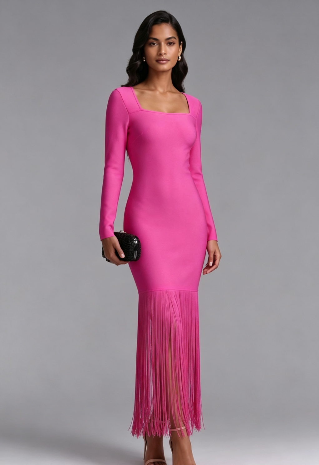 Pink Long Sleeve Fringe Midi Dress