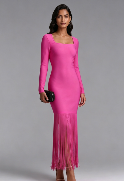 Pink Long Sleeve Fringe Midi Dress