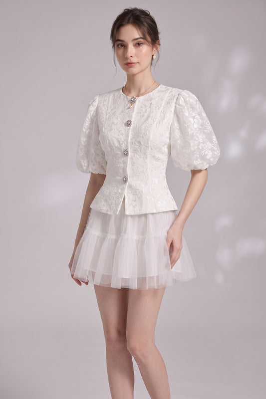 Puff Sleeve Lace Crop Jacket & Tiered Tulle Mini Skirt Two Piece Set