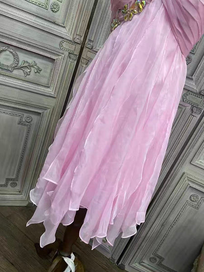 One-Shoulder Crystal Chiffon Party Dress