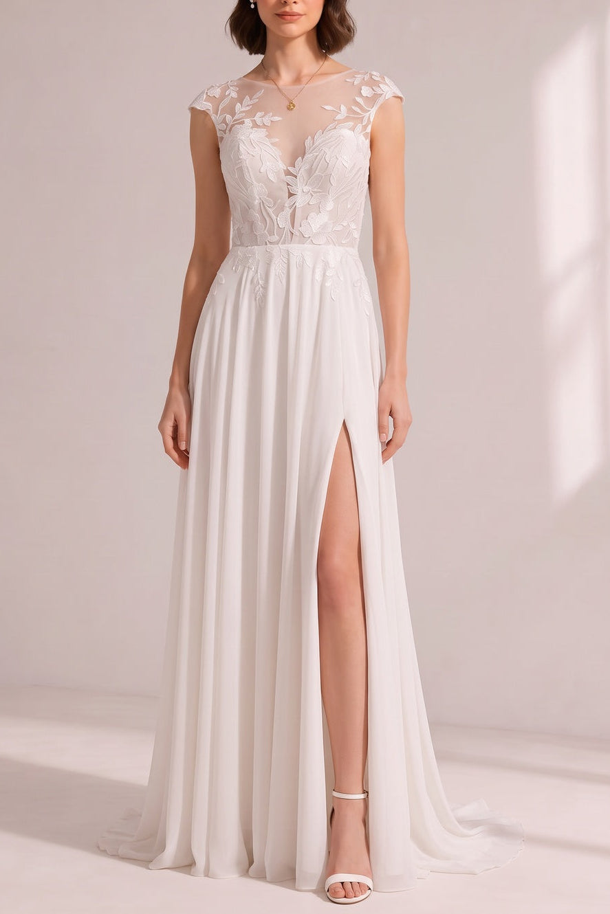 Illusion Cap Sleeve Floral Lace High Slit Chiffon Wedding Gown