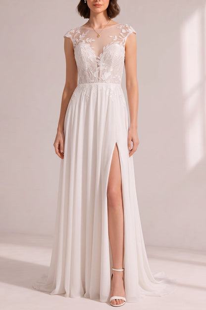 Illusion Cap Sleeve Floral Lace High Slit Chiffon Wedding Gown