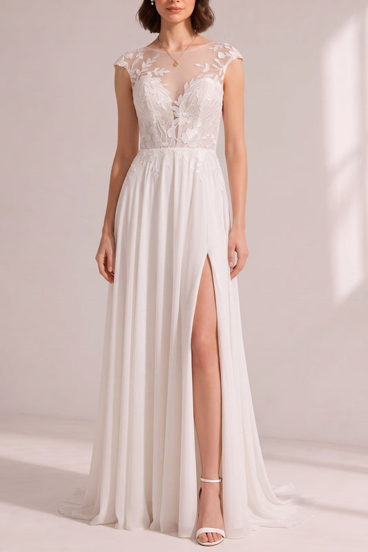 Illusion Cap Sleeve Floral Lace High Slit Chiffon Wedding Gown