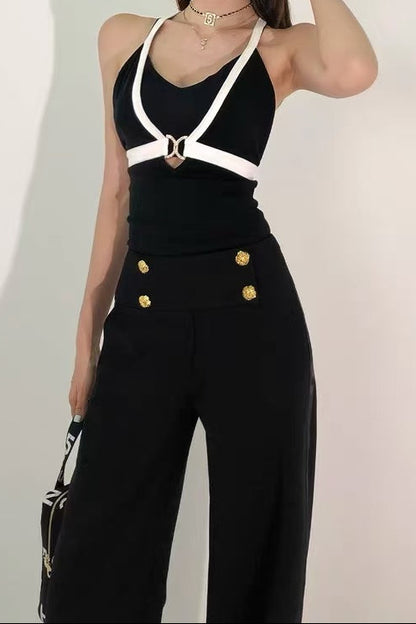 Black & White Halter Top with High-Waisted Wide-Leg Pants
