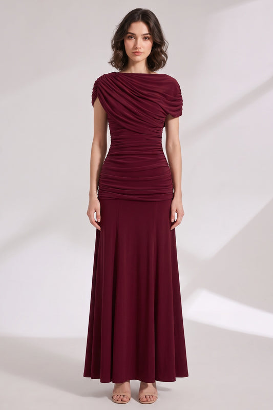 Burgundy Stretch Jersey Fitted Bodice with Flared Skirt Gown burgundy stretch jersey gown - product view 1