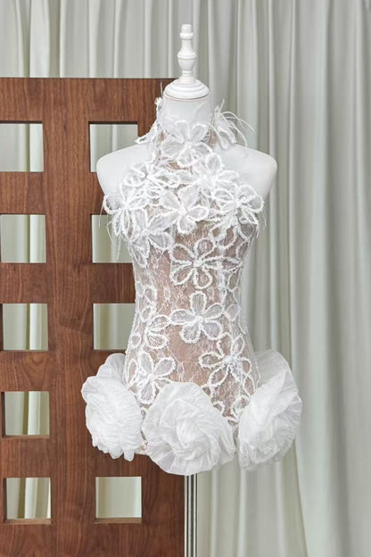 white floral lace fitted sheath with sculptural hem dress