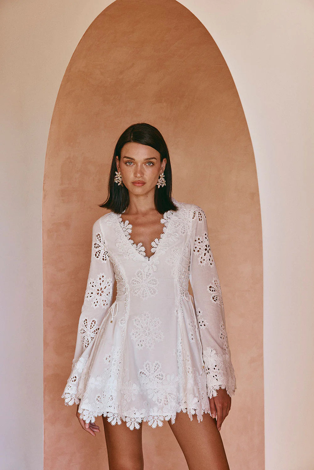 Flower embroidery hollow mini dress in white
