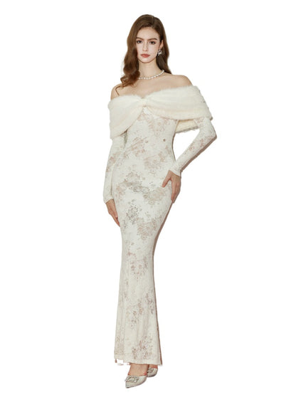 julia Off-Shoulder Fur Collar Long Sleeve lace maxi dress in white