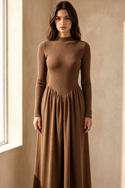 Brown Ribbed Knit Fit-and-Flare Midi Dress