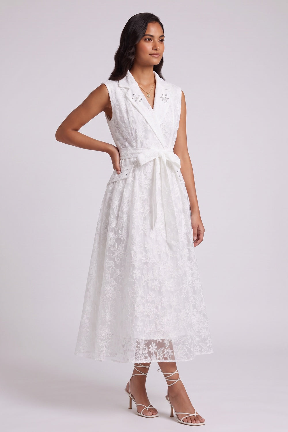 White Floral Lace A-Line Midi Dress white floral lace dress - product view 4
