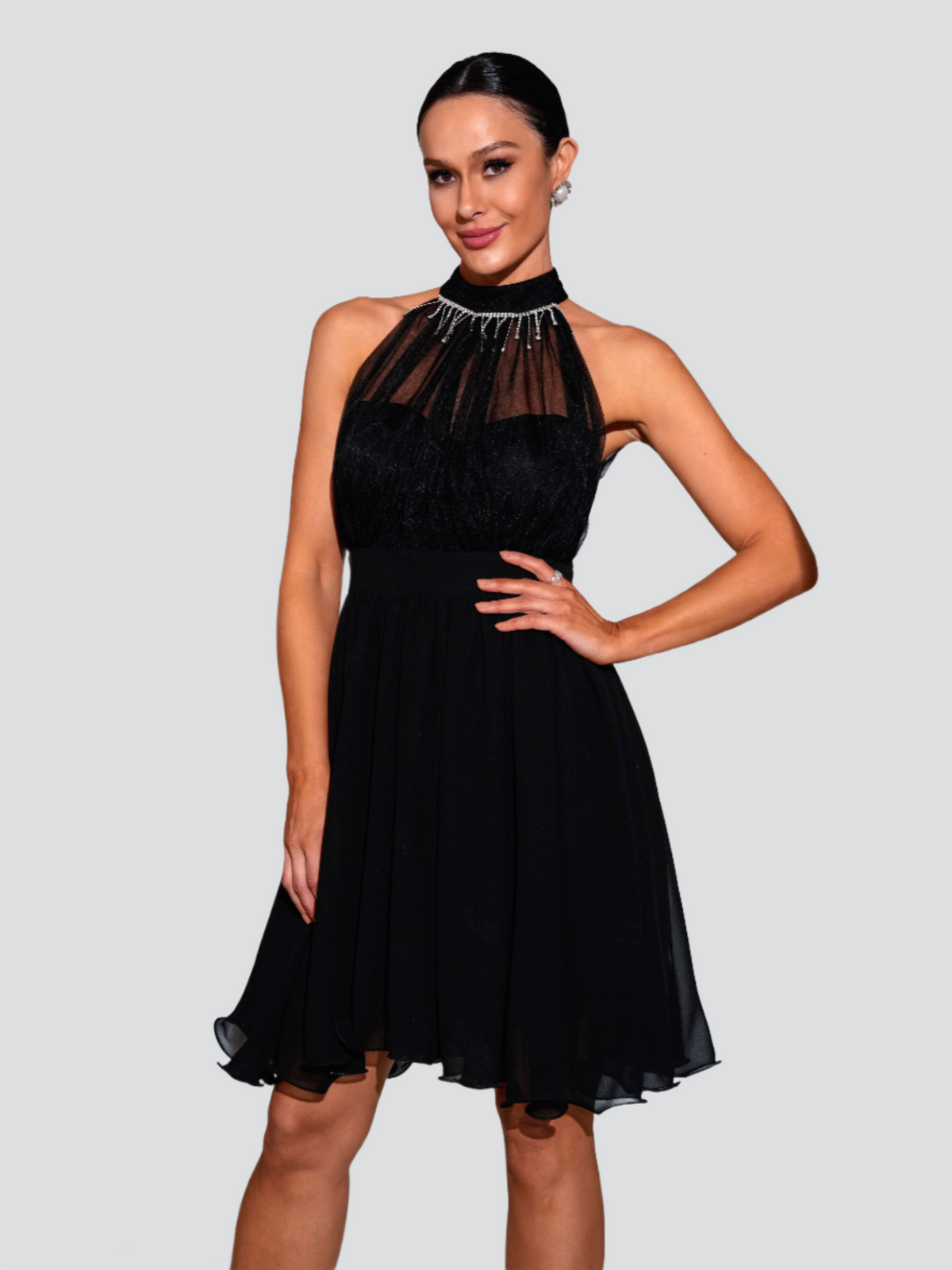 Stand Collar A-line Mini Dress