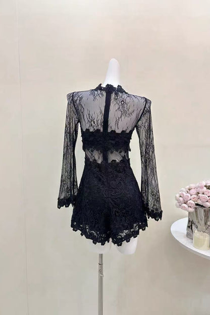 Sheer Lace Long Sleeve Skort Romper
