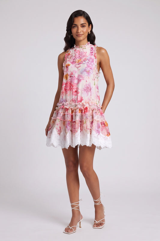 Pink Chiffon A-Line Tiered Floral Dress pink, white chiffon dress - product view 1