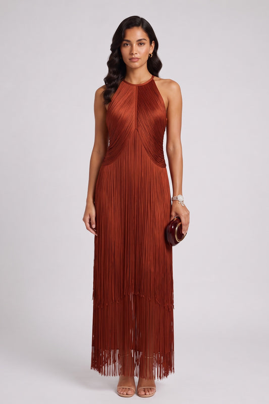 rust fringe column dress rust fringe dress - product view 1