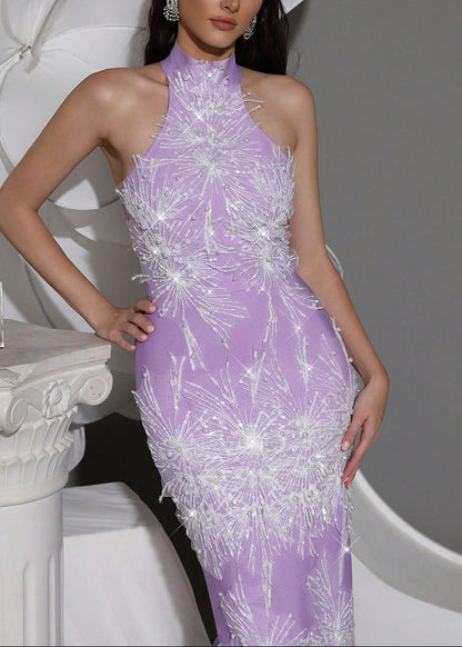 Pandora Sleeveless Beaded Tassel Sequin Bandage Maxi Dress - Violet