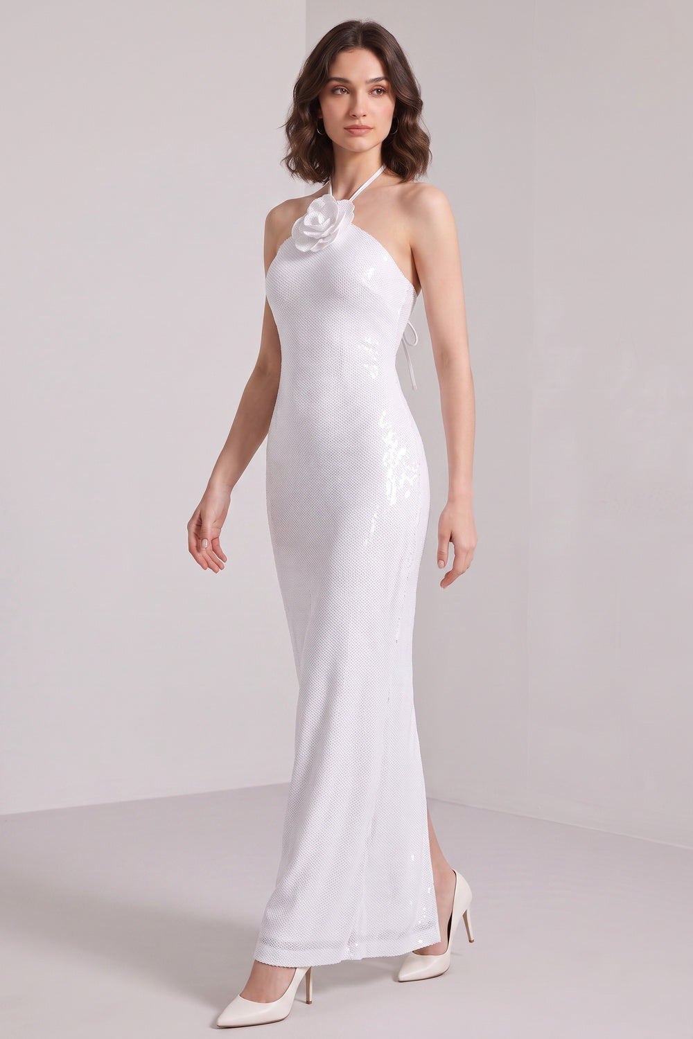 White Sequined Mesh Column Dress with Flower Embellishment white sequined mesh dress - product view 3