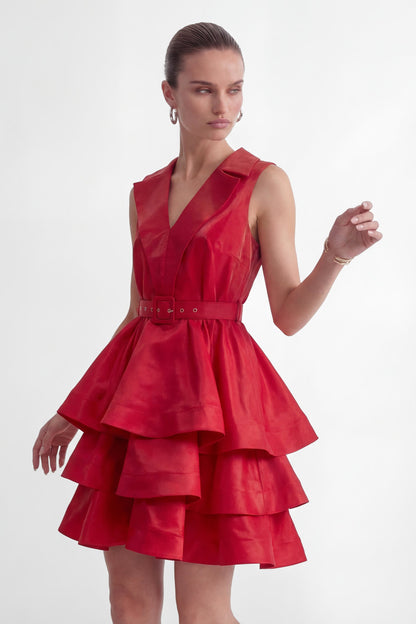 jessica Red V-neck Tiered Ruffle Mini Dress