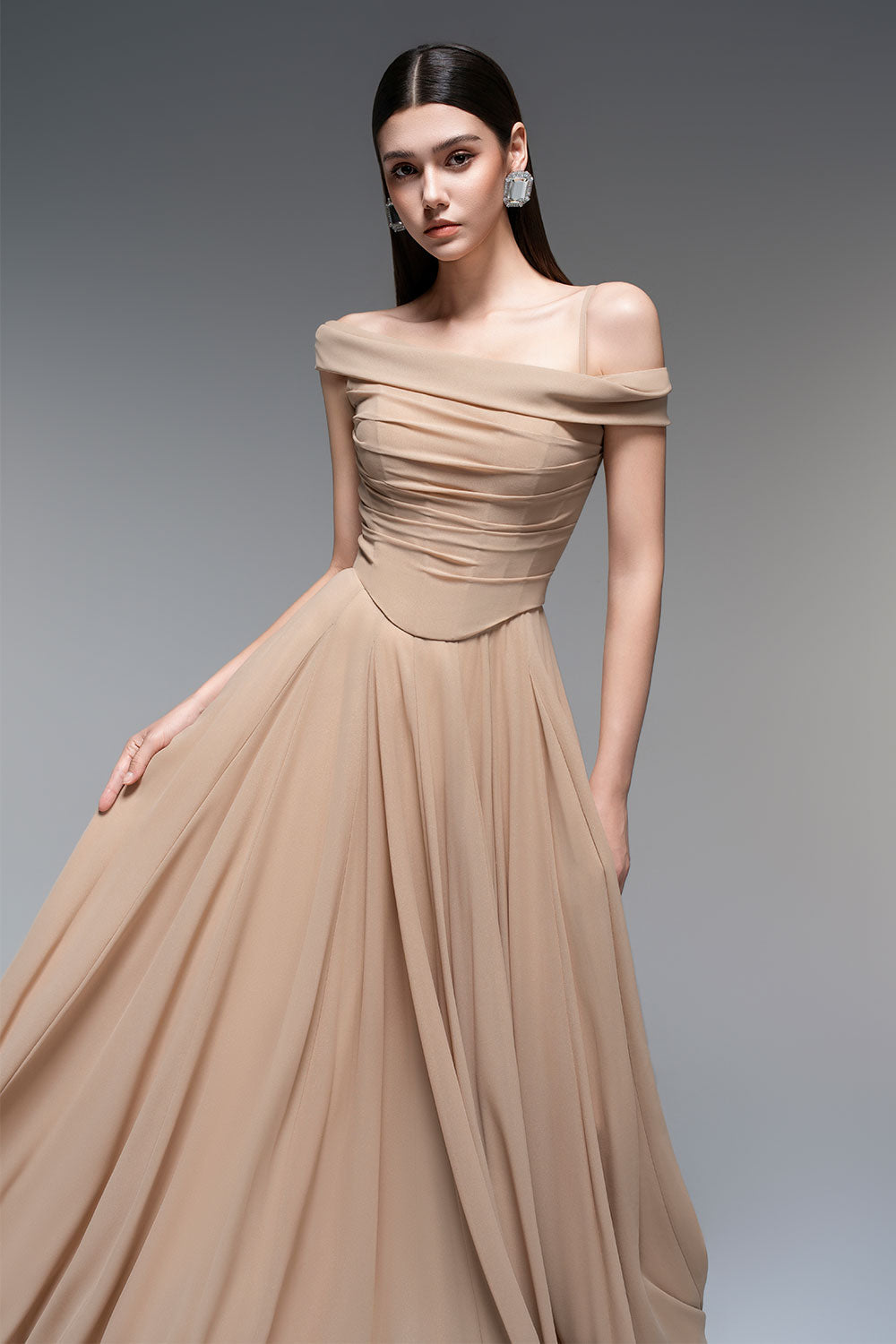A-line Draped Chiffon maxi Dress in nude