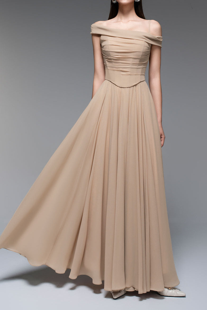 A-line Draped Chiffon maxi Dress in nude