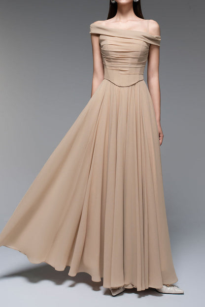 A-line Draped Chiffon maxi Dress in nude