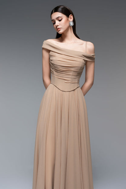 A-line Draped Chiffon maxi Dress in nude
