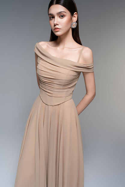 A-line Draped Chiffon maxi Dress in nude