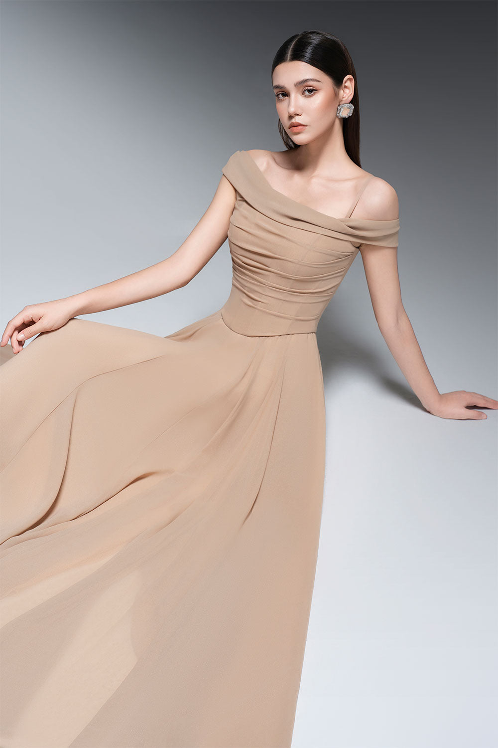 A-line Draped Chiffon maxi Dress in nude