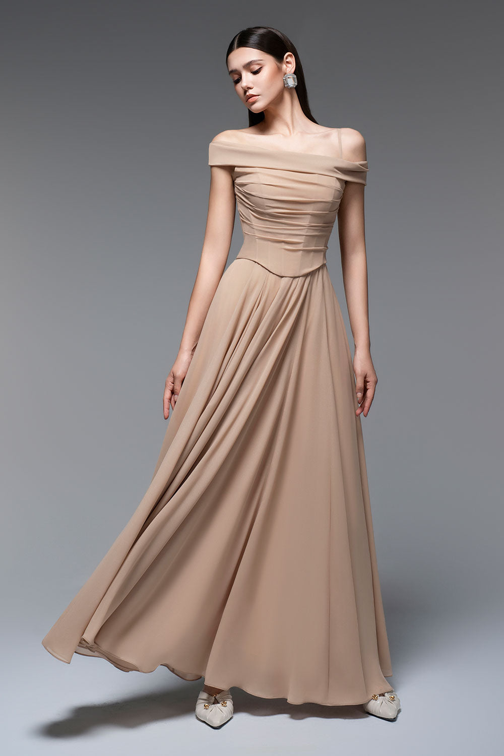 A-line Draped Chiffon maxi Dress in nude