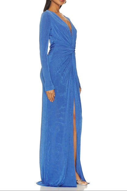virginia blue pleated long sleeve high slit maxi dress