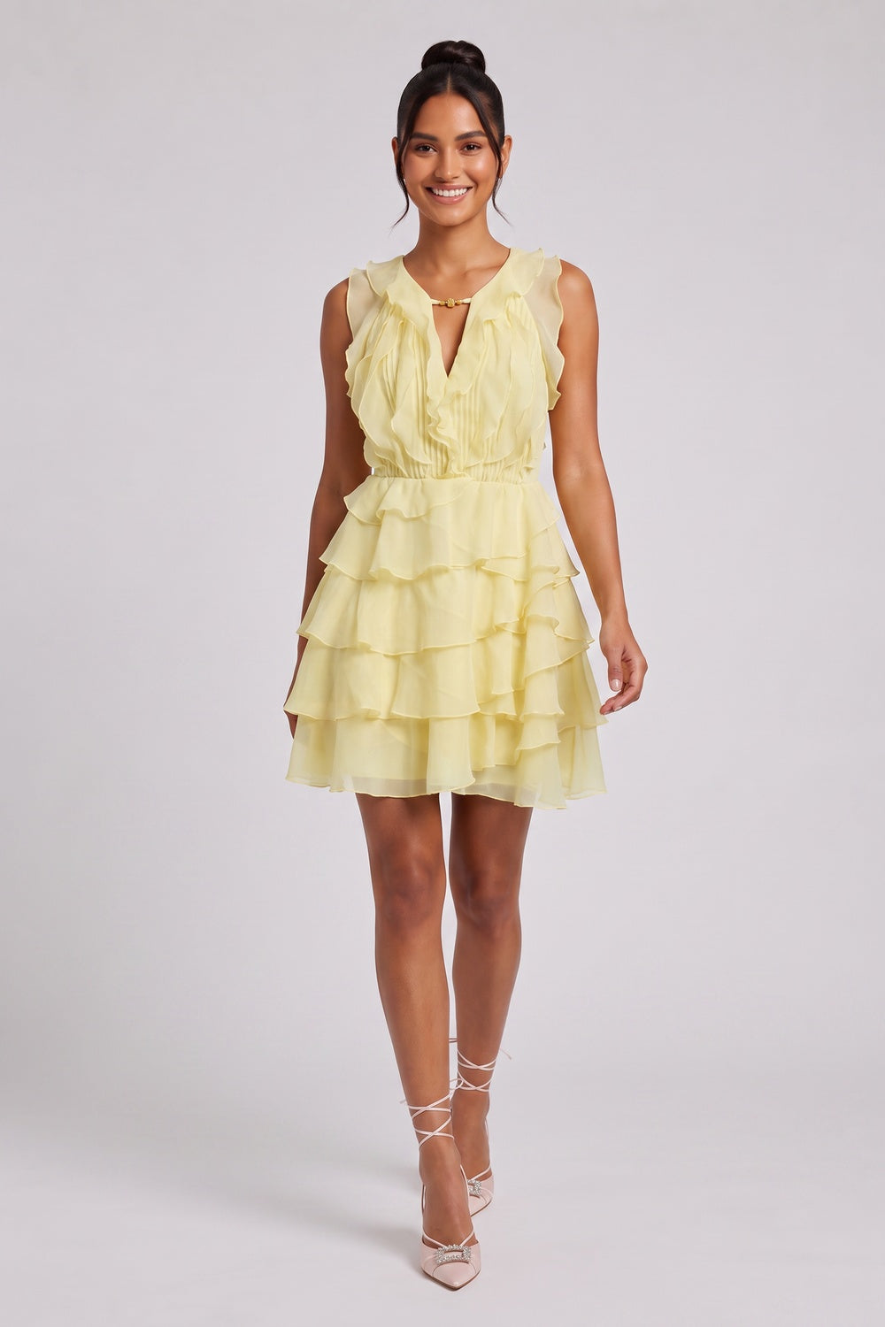 Pastel Yellow Chiffon Fit-and-Flare Mini Dress pastel yellow chiffon dress - product view 1