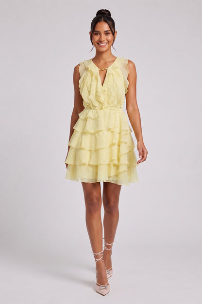 Pastel Yellow Chiffon Fit-and-Flare Mini Dress pastel yellow chiffon dress - product view 1