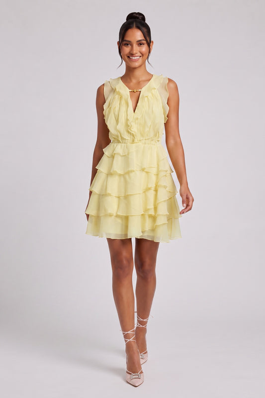Pastel Yellow Chiffon Fit-and-Flare Mini Dress pastel yellow chiffon dress - product view 1