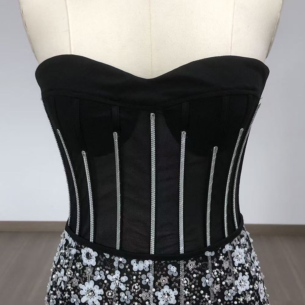 Ophélie black Strapless Corset Sheer sequined flower midi dress