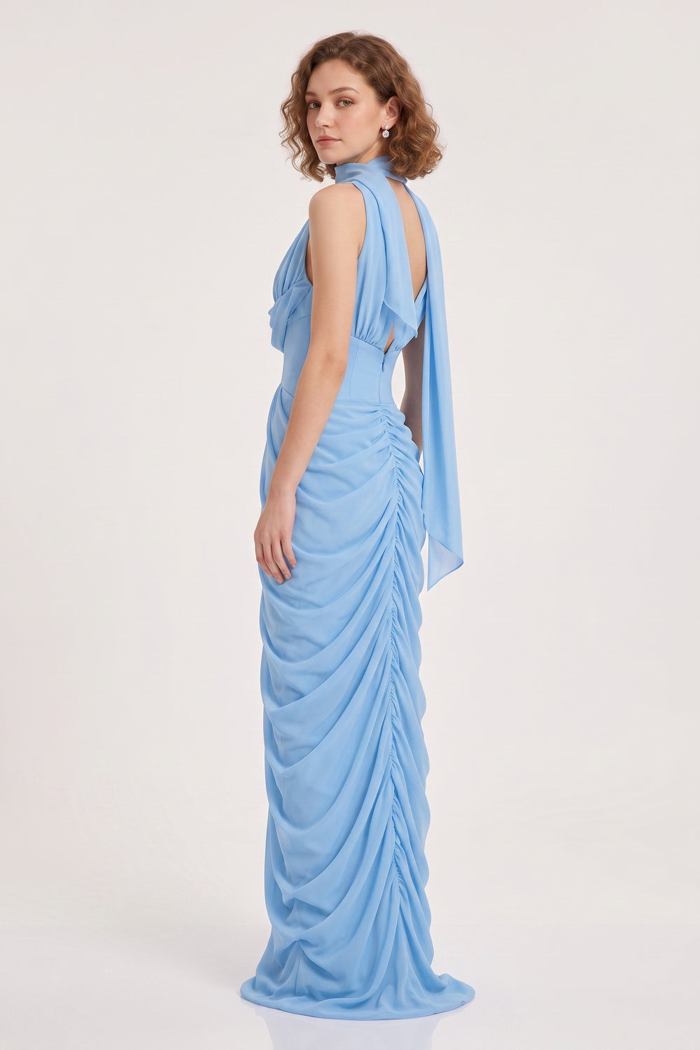 Light Blue Cowl Neckline Floor-Length Gown with Front Ruching Premium Fabric - product view 4