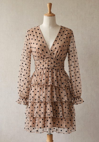 Beige Sheer Mesh Fit-and-Flare Tiered Dress